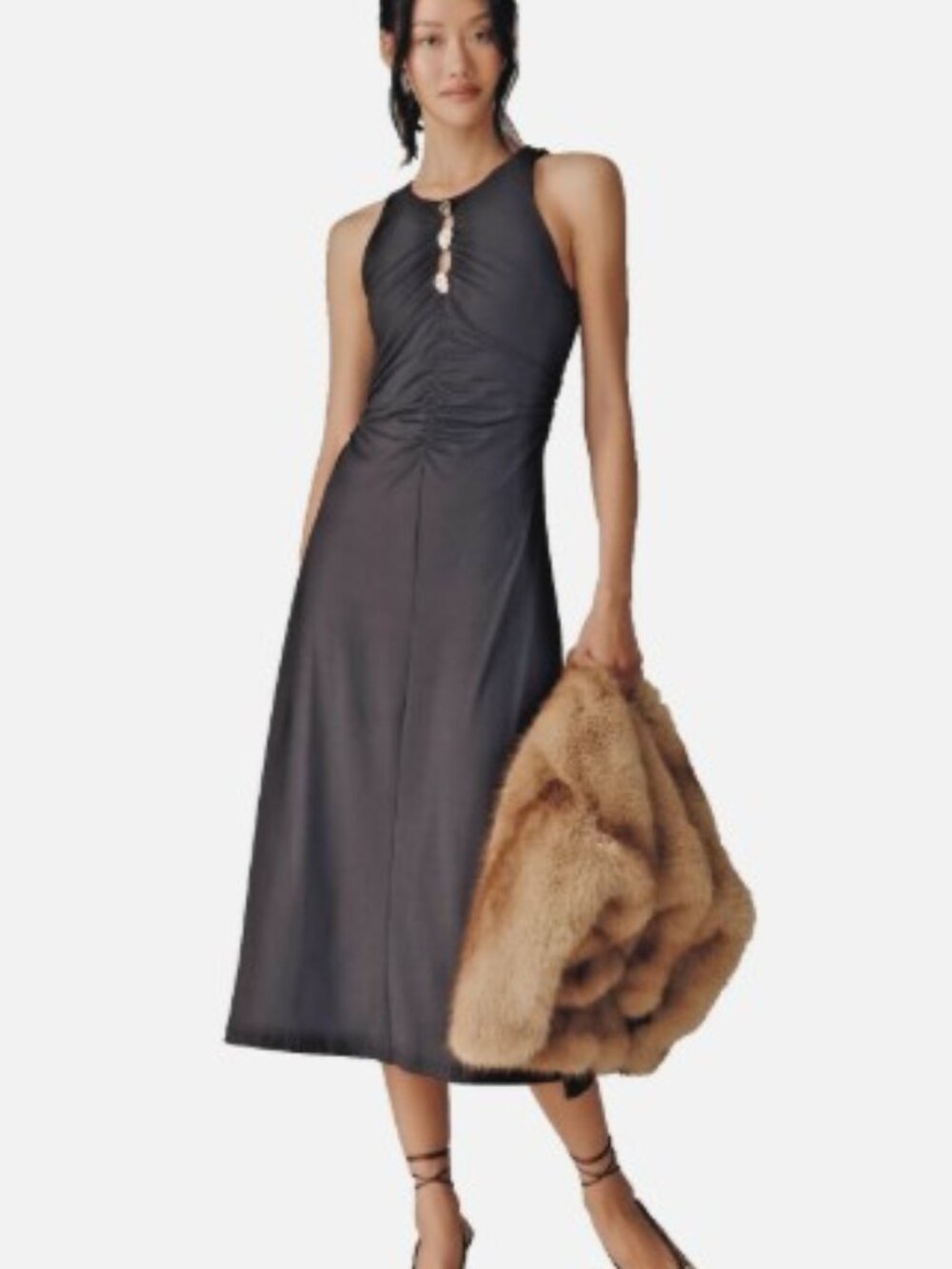 Anthropologie Black Ruched Halter Midi Dress